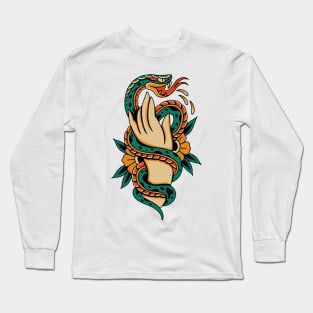 American Traditional Tattoo Snake wrapping Hand with Flowers Long Sleeve T-Shirt